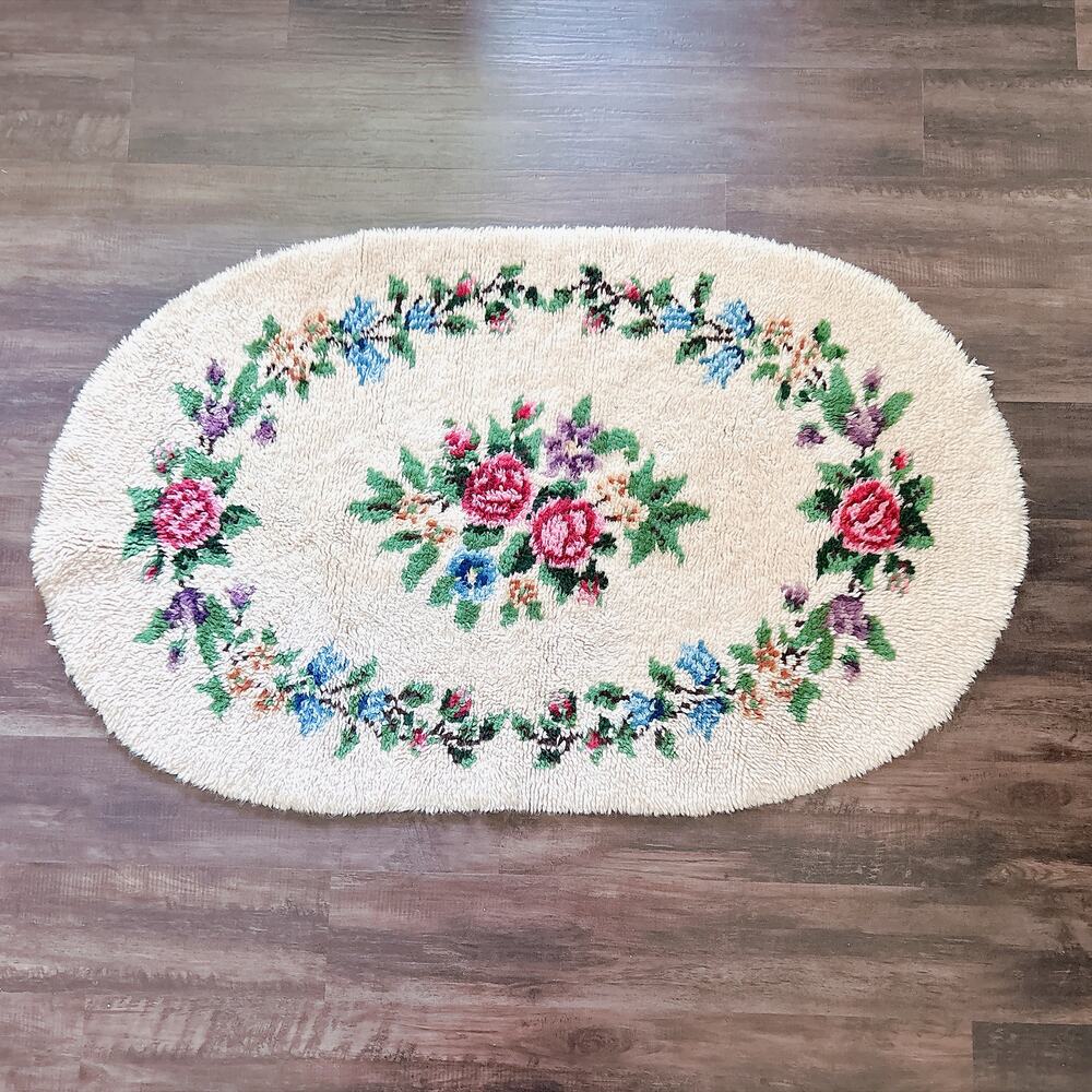 Vintage Handmade Shag Latch-Hook Floral Oval Rug